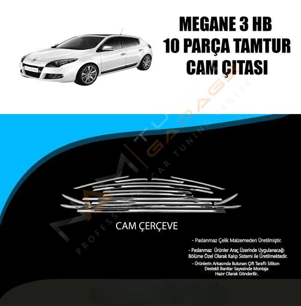 Renault Megane 3 Krom Cam Çerçevesi Çıtası 10 parça Tam Tur