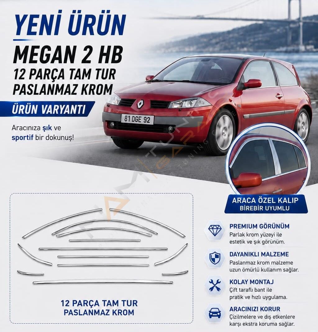 Renault Megane 2 Krom Cam Çerçevesi Çıtası HB uyumlu 12 parça Tam Tur