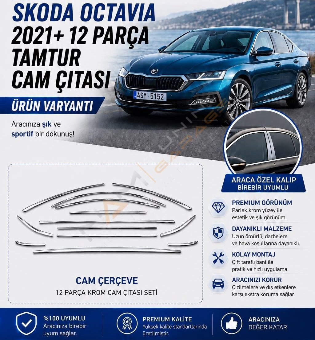 Skoda Octavia Krom Cam Çerçevesi Çıtası 2021+ 12 parça Tam Tur