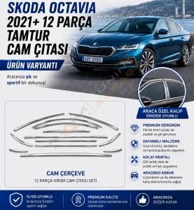 Skoda Octavia Krom Cam Çerçevesi Çıtası 2021+ 12 parça Tam Tur